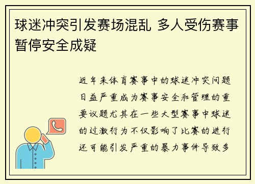 球迷冲突引发赛场混乱 多人受伤赛事暂停安全成疑